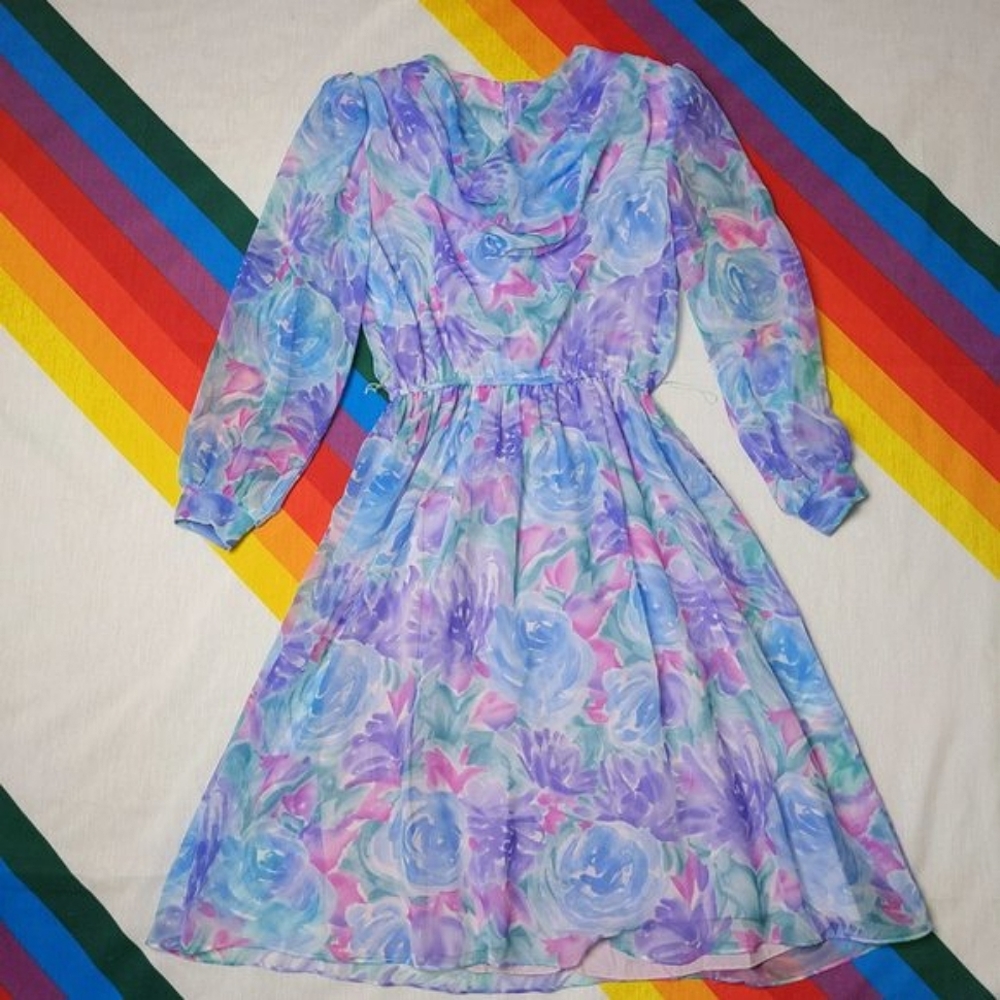 80s Watercolor Pastel Floral Midi Dress by Lisa Michael's Petite